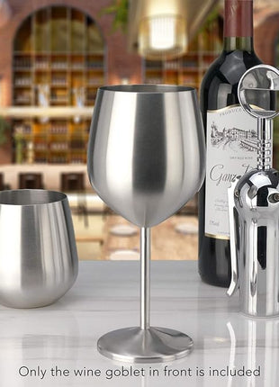 PG Set of 4 Stainless Steel Wine Glass - 18.5oz Silver Brush Finished Wine Glasses - Unbreakable Wine Glasses - Stem Metal Wine Goblets