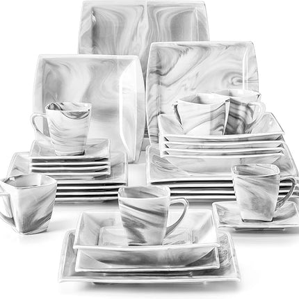MALACASA Dinnerware Sets, 30 Piece Porcelain Plates and Bowls Sets for 6, Square Dish Set with Dinner Plates Set, Cup and Saucer, Modern Dishware Dishes Microwave Safe, Marble Grey, Series Blance
