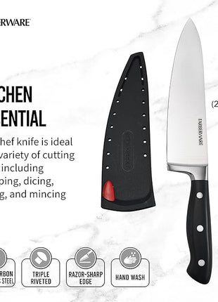 Farberware Edgekeeper 8-Inch Forged Triple Riveted Chef Knife with Self-Sharpening Blade Cover, High Carbon-Stainless Steel Kitchen Knife with Ergonomic Handle, Razor-Sharp Knife, Black