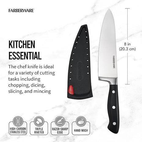 Farberware Edgekeeper 8-Inch Forged Triple Riveted Chef Knife with Self-Sharpening Blade Cover, High Carbon-Stainless Steel Kitchen Knife with Ergonomic Handle, Razor-Sharp Knife, Black