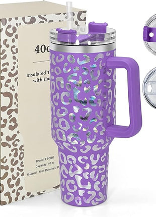 40 oz Tumbler with Handle and Straw, 100% Leak-Proof Travel Mug, Stainless Steel Double Wall Vacuum Insulated Coffee Cup Keeps Cold For 34 Hours, Dishwasher Safe, Purple Leopard