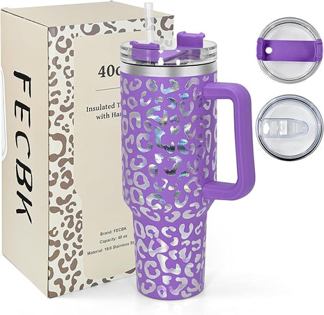 40 oz Tumbler with Handle and Straw, 100% Leak-Proof Travel Mug, Stainless Steel Double Wall Vacuum Insulated Coffee Cup Keeps Cold For 34 Hours, Dishwasher Safe, Purple Leopard