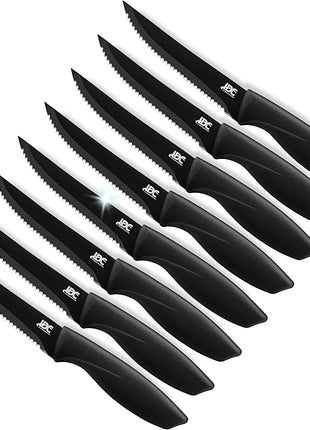LDC Serrated Steak Knives Set of 8, Elegant Black Ultra Sharp Knives, Dishwasher Safe Stainless Steel Dining Knife Set