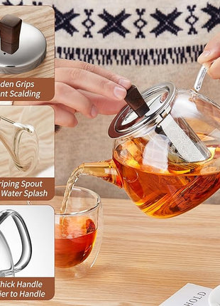 34OZ/1000ml Glass Teapot with Stainless Steel Infuser, Drip-Free Spout, and Wooden Knob Lid – Stovetop Safe Borosilicate Tea Kettle for Loose Leaf and Herbal Tea Brewing