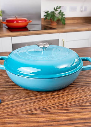 Shallow Cast Iron Casserole with Lid – Non Stick Dutch Oven Pot, Oven Safe up to 500° F – Sturdy Ovenproof Stockpot Cookware – Enamelled Cooking Pot – Blue, 5-Quart, 32cm – by Nuovva