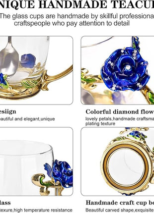 OEAGO Gifts for Mom Women Mothers Day Glass Coffee Enamels Mug Best Birthday Butterfly Rose Gifts for Her from Daughter Son Lead-Free Christmas Blue Tea Cup with Spoon Set