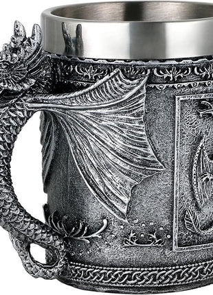 Medieval Roaring Dragon Coffee Mug - Dungeons and Dragons Beer Stein Tankard Drink Cup - 15.8oz Stainless Mug for GOT Dragon Lovers Collector Ideal Novelty Gothic Father Day Gift Party Decoration