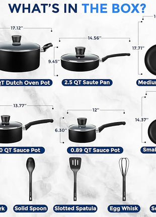 SereneLife Kitchenware Pots & Pans Basic Kitchen Cookware, Black Non-Stick Coating Inside, Heat Resistant Lacquer (15-Piece Set), One Size