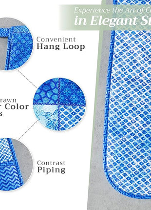 Maison d' Hermine Double Oven Mitts 100% Cotton 7"x35" Double Oven Mitt Heat Resistant BBQ Cooking Gloves with Loop, Baking, Grilling, Home, Kitchen, Handling Hot Pans Spring Summer (Indigo Love)