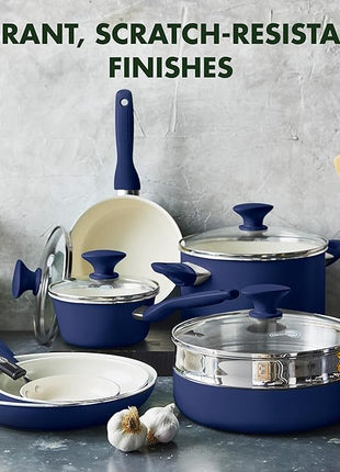GreenPan Rio 16 Piece Cookware Set, PFOA and PFAS-Free, Healthy Ceramic Nonstick, Dishwasher Safe Easy Clean Durable Performance, Blue