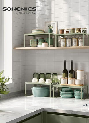 SONGMICS Spice Racks, Set of 4 Metal Cabinet Shelf Organizers, Countertop Organizers, Shelf Risers, Stackable, Expandable, Sage Green UKCS006C01