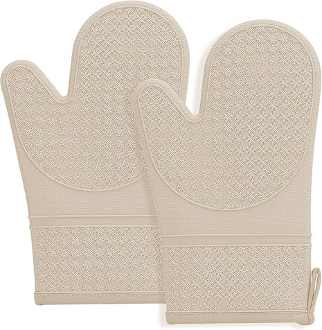 Hovico Silicone Oven Mitts, Heat Resistant 500F Kitchen Mitts 2PCS, 11.6" BPA-Free Soft Baking Gloves, Non-Slip Grip Oven Gloves with Soft Cotton Lining for Kitchen Cooking Baking BBQ - Milkshake