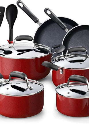 Cook N Home Pots and Pans Nonstick Cookware Set 12-Piece, Kitchen Cooking Set with Frying Pans and Saucepans, Induction Compatible, Marble Red