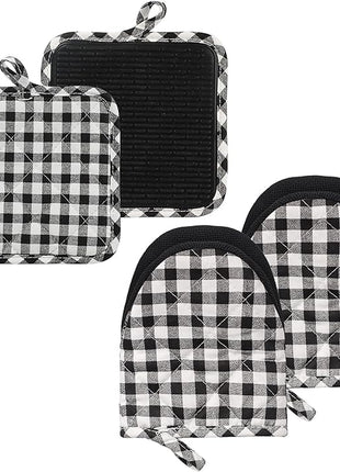 Oven Mitts and Pot Holders Set, Pack of 4, Heat Resistant Silicone Kitchen Mini Oven Mittens for 500 Degrees, Mini Oven Gloves and Hot Pads for Baking Grilling Barbecue Microwave Machine Washable