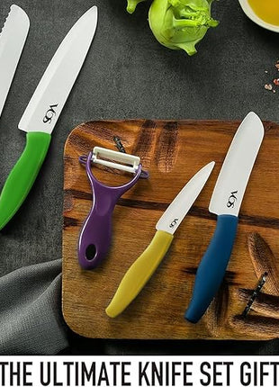 Vos Ceramic Knife with Peeler, Ceramic Knives Set For Kitchen, Ultra Sharp Kitchen Knife Set with Covers, 4"5"6"7"8" Paring, Chef Knife, Santoku & 2 more, Lightweight, Dishwasher safe (Multi-Color)