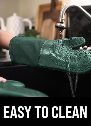 BPA-Free Silicone Oven Mitts Ultra Heat Resistant up to 500°F - Oven Mitts with Thick Cotton Liner - Long Slip Resistant Pot Holders, Flexible Oven Gloves - Green 13.7