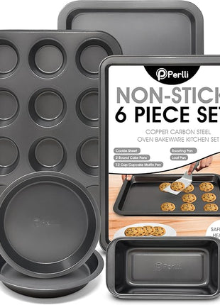 Perlli Baking Set 6 Nonstick Carbon Steel Oven Safe Gray PTFE PFOA Free Bakeware - Cookie Sheet, 2 Rounds, 12 Cup Muffin Pan, Roaster & Loaf Pan