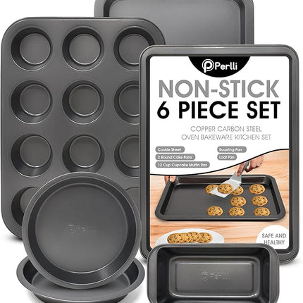 Perlli Baking Set 6 Nonstick Carbon Steel Oven Safe Gray PTFE PFOA Free Bakeware - Cookie Sheet, 2 Rounds, 12 Cup Muffin Pan, Roaster & Loaf Pan