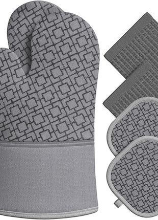 Oven Mitts and Pot Holders Sets 6pcs, Kitchen Oven Glove,High Heat Resistant 550 Degree Extra Long Oven Mitts and Potholders with Non-Slip Silicone Surface for Apartment Essentials (Grey) (Gray)