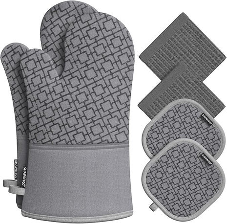 Oven Mitts and Pot Holders Sets 6pcs, Kitchen Oven Glove,High Heat Resistant 550 Degree Extra Long Oven Mitts and Potholders with Non-Slip Silicone Surface for Apartment Essentials (Grey) (Gray)