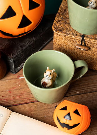 DIHOclub Squirrel Ceramic Cup Hidden 3D Animal Inside Mug,Cute Cartoon Handmade Figurine Mugs,Holiday and Birthday Gift for Coffee Milk Tea Lovers,12 OZ(Light Green)
