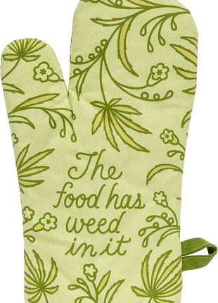Blue Q Food Has Weed in It Funny Oven Mitts - Cute Oven Mitts, Home Kitchen Gifts, Cooking Accessories, Super-Insulated Quilting, Comfy Natural-Fitting Shape, 100% Cotton, Size 12.5" L x 7.5" W