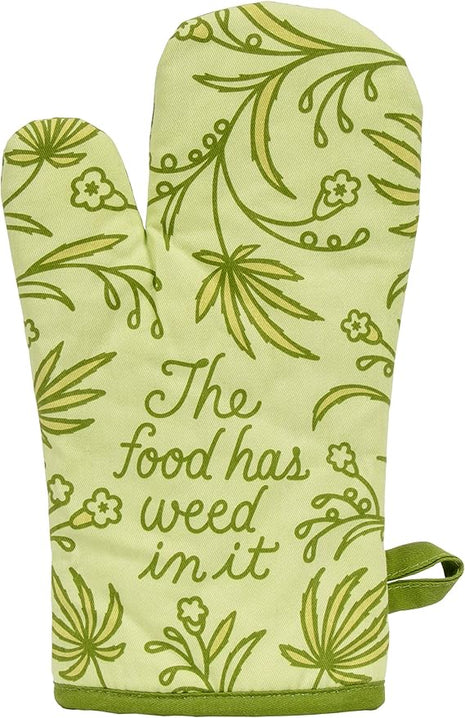 Blue Q Food Has Weed in It Funny Oven Mitts - Cute Oven Mitts, Home Kitchen Gifts, Cooking Accessories, Super-Insulated Quilting, Comfy Natural-Fitting Shape, 100% Cotton, Size 12.5" L x 7.5" W