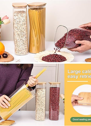 Liuruiyu Glass Storage Jars Set of 3, Clear Glass Food Storage Containers with Airtight Bamboo Lid Stackable Kitchen Canisters for Candy,Cookie,Rice,Sugar,Flour,Pasta(Flat)