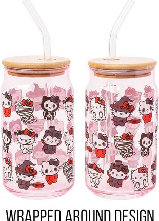 Silver Buffalo Sanrio Hello Kitty and Friends Halloween Spooky Costumes Ghost Witch Vampire Zombie Frankenstein Skeleton Pink Glass Jar Tumbler with Bamboo Lid and Glass Straw, 16 Ounces (Pack of 12)