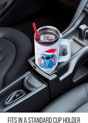 Silver Buffalo Disney Lilo and Stitch Christmas Holiday Santa Hat and Snowflakes Stainless Steel Tumbler with Handle and Straw, Fits in Standard Cup Holder, 40 Ounces
