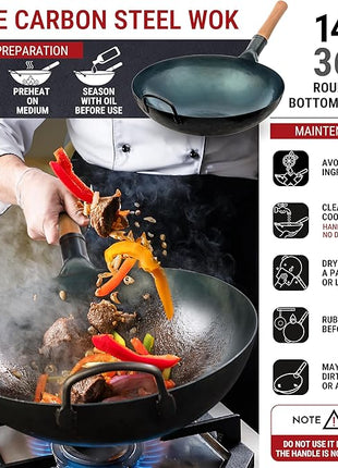 YOSUKATA 14” Round Bottom Carbon Steel Wok Pan – Blue Pre-Seasoned Pow Wok for Stir Fry, BBQ & Camping – Traditional Japanese & Chinese Cookware – Compatible with Gas Stoves & Open Fire Only