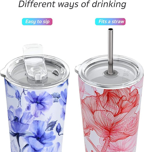 THILY Stainless Steel Vacuum Insulated Tumbler 26 oz Triple-Insulated Travel Mug with Splash-Proof Lid, for Iced Coffee and Hot Beverage, Iridaceae + Red Lotus