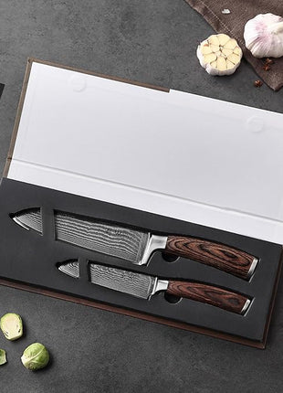 Wakoli EDIB 2-Piece Damascus Kitchen Knife Set – Santoku & Small Santoku with VG10 Core made of 67-Layer Damascus Steel Blades – Professional Chef Knives with Ergonomic Pakkawood Handles in Gift Box