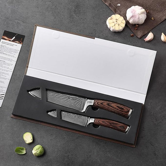 Wakoli EDIB 2-Piece Damascus Kitchen Knife Set – Santoku & Small Santoku with VG10 Core made of 67-Layer Damascus Steel Blades – Professional Chef Knives with Ergonomic Pakkawood Handles in Gift Box