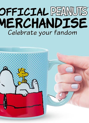 Silver Buffalo Peanuts Snoopy and Woodstock on House Blue Dot Background Ceramic Coffee Mug, 20 Ounces