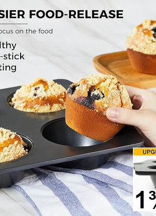 HONGBAKE Nonstick Jumbo Muffin Pan, 2 Pack Large Cupcake Tin for Baking, Cup Cake Tray, 3.5dia, 6 Cup, Premium, Extra Thick, Dishwasher Safe