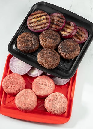 Cuisinart Grilling Prep & Serve Trays, 10.5x10.5 inch Small BBQ Tray Safe for Food Handling, 2 Dishwasher Safe Nesting Trays Black & Red, Perfect Grill Accessories for Cooked & Raw Meat, Fits 4 Burger