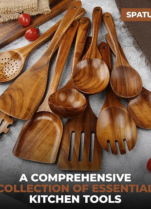 SPATUAMZ Teak Wood Spoons for Cooking, Natural Wooden Utensil Set of 10, Durable Heat Resistant Kitchen Cooking Utensils for Non-Stick Cookware