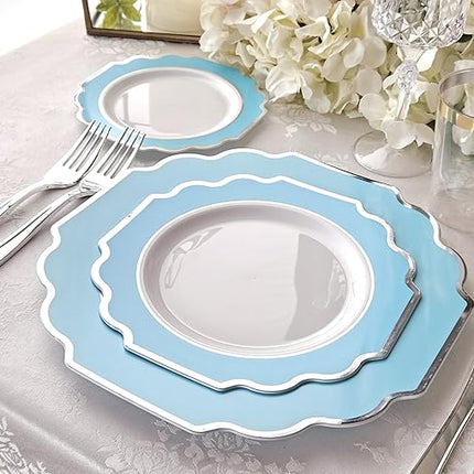 " OCCASIONS " 50 Plates Pack (25 Guests)-Heavyweight Wedding Party Disposable Plastic Plate Set -(25x10.5'' Dinner + 25x8'' Salad/dessert (Imperial Aqua & Silver)