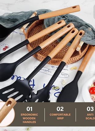 Silicone Cooking Utensils Set, Heat Resistance Large Kitchen Utensils Set with Long Wooden Handle, BPA-free Silicone Spatula, 6 Pcs Cooking Spoons for Non Stick Frying Pans and Pots（Black）