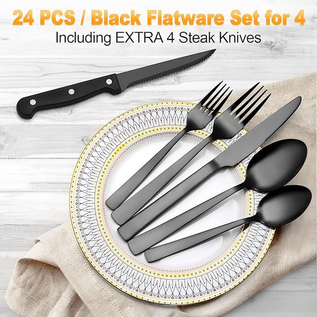 CEKEE 24 Piece Silverware Set for 4 With Steak Knives, Stainless Steel Black Flatware, Utensils, Tableware Cutlery for Home & Kitchen, Hand Wash Recommended