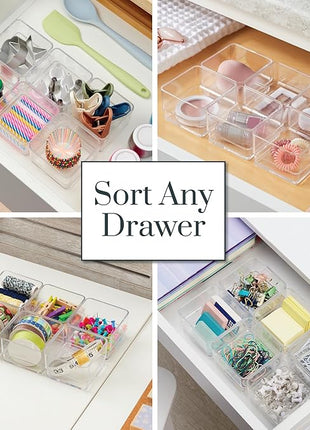 STORi SimpleSort 6-Piece Stackable Clear Drawer Organizer Set | 3" x 3" x 2" Square Trays | Small Makeup Vanity Storage Bins and Office Desk Drawer Dividers | Made in USA