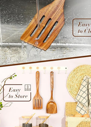 FJNATINH 2 Pcs Wooden Spatula Set for Cooking, Natural Teak Spatula and Slotted Turner for Non-stick Cookware, Kitchen Cooking Utensils for Frying Flipping Pancake Spatula