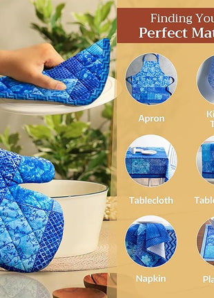 Maison d' Hermine 100% Cotton Oven Mitt & Pot Holder Set (7.5"x13" & 8"x8") Heat Resistant BBQ Cooking Gloves with Loop, Baking, Grilling, Kitchen, Handling Hot Pans Spring/Summer (Indigo Love)