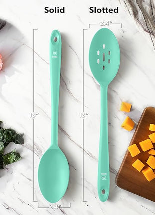 DI ORO Silicone Spoons for Cooking - Large Kitchen Spoons for Mixing, Serving, & Stirring - 600°F Heat-Resistant Non Stick Utensils – Big Solid & Slotted Basting Spoons - Dishwasher Safe (2pc, Mint)