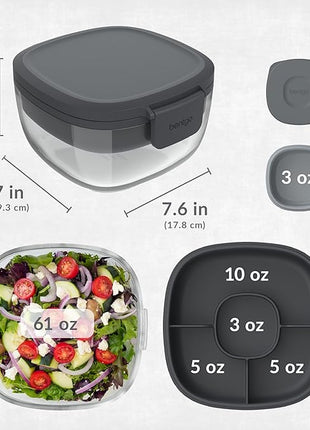 Bentgo Glass All-in-One Salad Container - Large 61-oz Salad Bowl with Lid, 4-Compartment Bento-Style Tray, 3-oz Sauce Container, and Reusable Fork - Dishwasher, Microwave, and Oven Safe (Dark Gray)