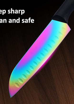 Marco Almond Kitchen Knife Set, KYA36 12-Piece Rainbow Color Stainless Steel Chef Boxed Knives Set for Kitchen with Covers, 6 Knives with 6 Blade Guards, Black