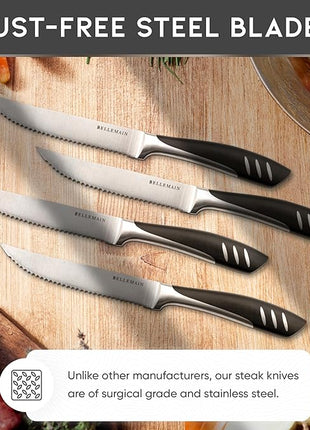 Bellemain Premium Steak Knives Set of 4, Kitchen Knife Sets with Steel Blades for Precise Cutting, Lightweight Steak Knife Set Stainless Steel & Durable, Serrated Steak Knives Dishwasher Safe