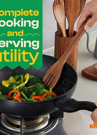 Riveira Teak Wooden Cooking Utensils Set of 6 Premium Quality Non-Toxic Wooden Spoons & Spatula for Cooking, Stirring & Serving