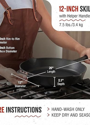 Victoria 12-Inch Cast Iron Skillet Set with Tempered Glass Lid, Large Handle Cover, and Pan Scraper